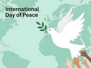 international day of peace with dove carrying olive branch and hands reaching out