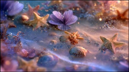 A mystical, dream-like rendering of the beach scene with soft focus and blurred edges. The colors of the seashells and starfish blend made with Ai 2