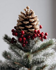 Natural pinecone adorned with metallic finish rests atop frosted evergreen branches accented with bright red berries