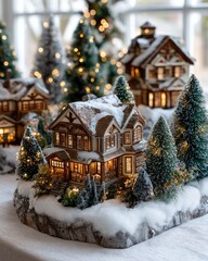 Illuminated miniature Victorian style homes display a festive winter village scene indoors