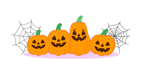 Funny Halloween pumpkins pile with spider web — cute carved pumpkins for festive decoration and party design.