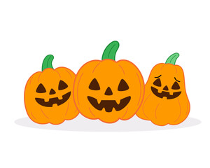 Halloween pumpkins in a pile — flat vector design with cute faces for holiday decor and invitations.