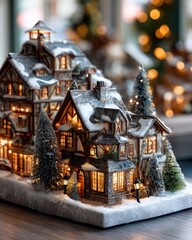 Illuminated miniature winter village structure features snow-covered roofs and glowing windows