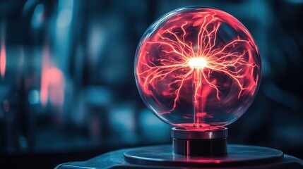 A Bright Plasma Ball with Red and Orange Electrical Filaments Reaching Outward, Capturing the Intense Energy and Scientific Wonder of High-Voltage Experiments and Futuristic Technology in a Dark Setti