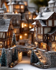Miniature snow-covered European style village scene glows with warm interior lighting