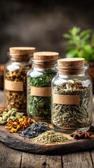 Flat lay of labeled glass jars containing yerba mate blends with botanical ingredients, parchment paper background, earthy tones