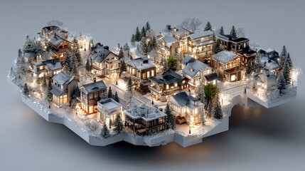 Miniature illuminated settlement rests upon a stark white base surrounded by snow covered pine trees