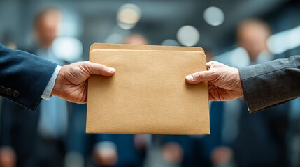 Symbolic passing of a folder between two executives, blurred colleagues in background, leadership succession theme