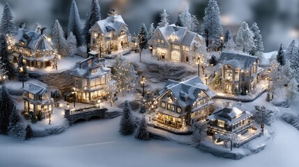 Illuminated winter village scene depicts quaint dwellings covered in snow