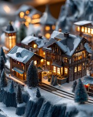 Miniature alpine village scene features illuminated buildings nestled in a snowy landscape beside tracks