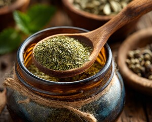 Closeup of wooden spoon scooping yerba mate blend from apothecary jar, soft natural light, traditional herbal remedy style