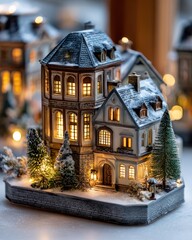 Miniature illuminated winter village building rests on a snowy base surrounded by small fir trees
