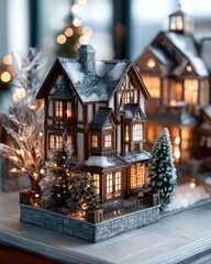 Miniature illuminated house decoration displays snowy exterior detailing surrounded by festive lights