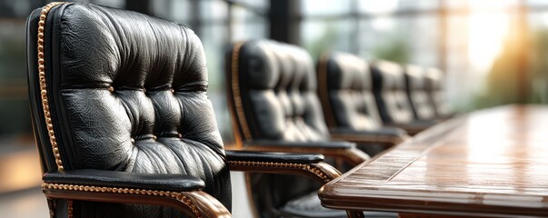Empty executive chair at head of conference table, soft natural lighting, leadership vacancy theme