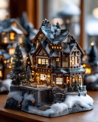 Miniature illuminated winter village house decoration rests on a wooden surface with soft focus background elements