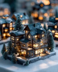 Miniature illuminated alpine village structure rests on a blanket of soft white snow
