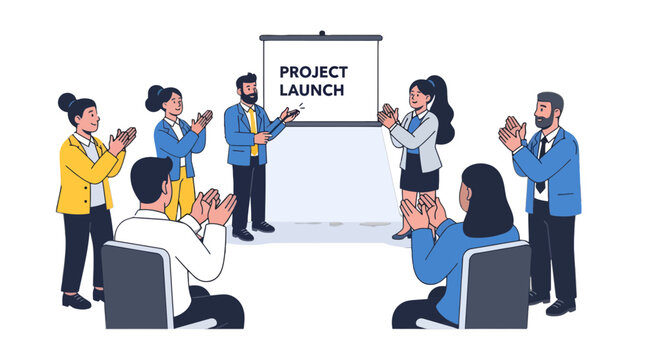 Business Team Celebrating Successful Project Launch Presentation With Applause and Joy