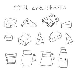 Milk and cheese set of elements, hand drawing, vector illustration