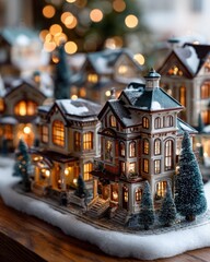 Miniature illuminated Victorian houses rest on a snow-covered surface with warm background lights