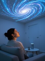 Young woman gazing at a mesmerizing galaxy projection on the ceiling, creating a serene atmosphere in a cozy living room with modern decor and soft lighting
