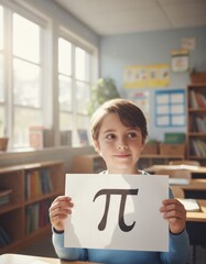 Young boy with brown hair holding a paper displaying the mathematical symbol pi in a bright classroom, surrounded by bookshelves and educational materials, showcasing learning and curiosity