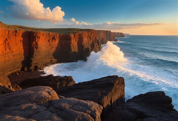 Dramatic Volcanic Coastline with Crashing Waves and Sea Caves at Golden Hour