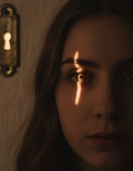Young woman with long hair, illuminated by soft light through a keyhole, creating dramatic shadows on her face, capturing an intimate and mysterious atmosphere