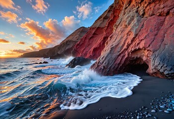 Dramatic Volcanic Coastline with Crashing Waves and Sea Caves at Golden Hour