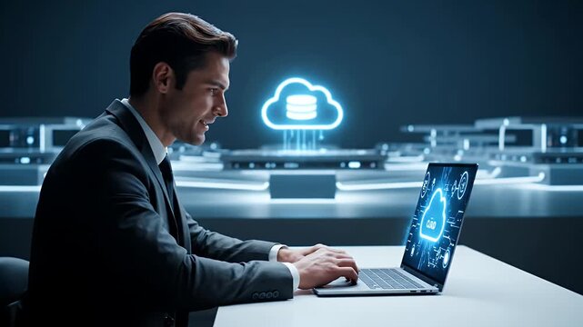 Man In Dark Suit Working On Laptop With Glowing Cloud Data Icon In Futuristic Office With Neon Lights And White Table Top Under Artificial Lighting