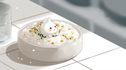 Cute Bunny in Rice Bowl &ndash; Whimsical Minimalist Digital Art