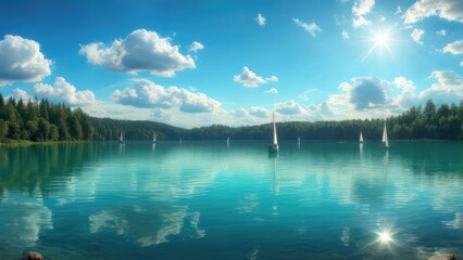 Serene lake landscape with sailboats