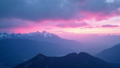 Majestic Peaks at Twilight: Scenic Mountain Range with Snow-Capped Summits and Vibrant Sunset Colors – A Stunning Panorama of Natural Wonder and Escapist Beauty with Adventurous Spirit