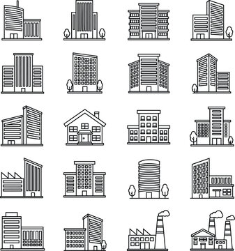 Line Art Building Editable Vector Icons Set for Architecture, Real Estate, and Urban Design.