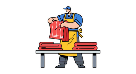 Butcher in Uniform Arranges Prepared Meats in a Clean and Organized Manner