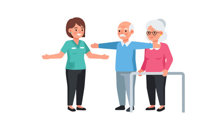 Fototapeta premium Caring Companion Assists Elderly Couple With Walker for Support and Assistance