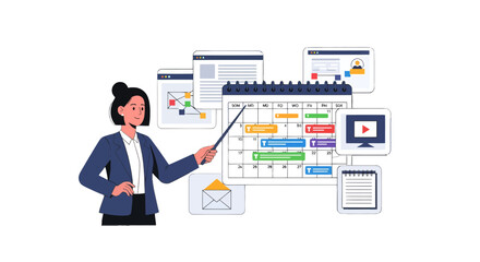 Businesswoman Explaining Schedule Using Calendar and Digital Platforms Illustration
