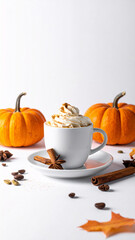 Pumpkin spice latte with whipped cream and cinnamon sticks on white background