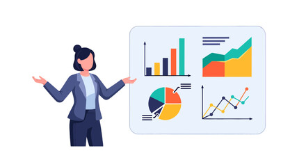 Businesswoman Presenting Data Visualizations, Analyzing Charts, And Sharing Business Information