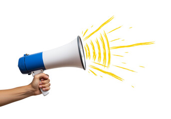  Megaphone emitting bright yellow sound waves against black background