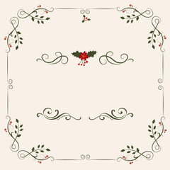 New Year's card in retro style Christmas flower poinsettia in a frame with bow Vector illustration
