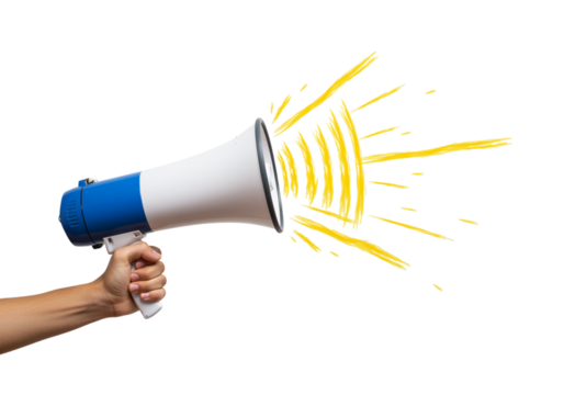  Megaphone emitting bright yellow sound waves against black background