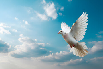 Fototapeta premium peaceful dove gliding through the blue sky with wings spread wide