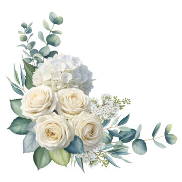 Watercolor floral corner with white roses, hydrangea, eucalyptus isolated on transparent background