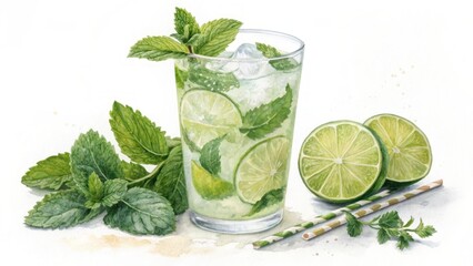 Watercolor mojito drink with lime and mint non alcoholic