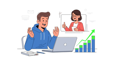 Illustration of a man and woman engaging in online education with laptops and presenting graphs in a virtual classroom setting with a professional and collaborative mood.
