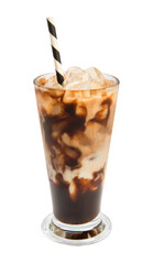 Refreshing iced coffee brown sugar latte in a tall glass isolated on a white background.
