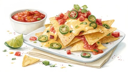 Watercolor nachos with salsa and lime on white food