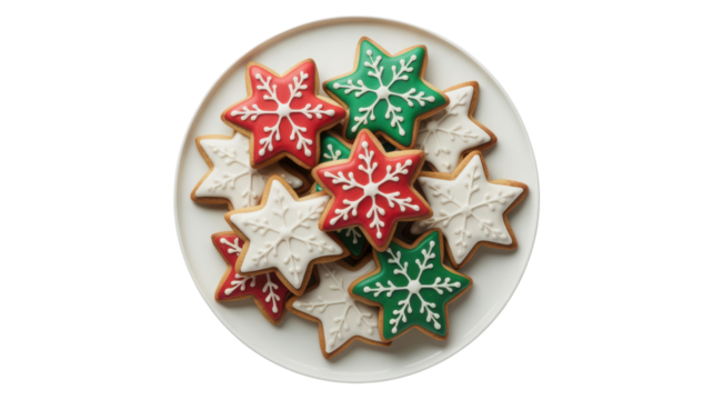 Christmas overhead shot of star shaped christmas cookies on a white plate isolated on transparent background red, green, and white iced cookies