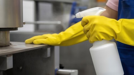 Cleaning with spray bottle and rubber gloves in a professional setting.