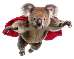 Playful superhero koala animal character flying with powerful red hero cape. This happy and determined creature soars, symbol of strength and whimsical courage